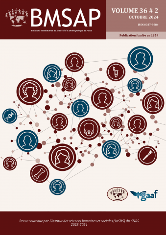 Couverture de la deuxième partie du volume 36 des BMSAP, publié en octobre 2024. L'illustration est un diagramme en réseau reliant des silhouettes d'hommes et de femmes, ainsi que divers outils et objets liés à l'anthropologie biologique (molécule d'ADN, os, pinceau, tube à échantillon, crâne humain). Elle représente de manière stylisée les connexions entre la Société d'Anthropologie de Paris (SAP) en rouge et le Groupement des Anthropologues de Langue Française (en bleu), dont les logos figurent en bas à droite (Illustration par Laura Maréchal). Le haut de page comporte le nom complet et l'acronyme de la revue avec le logo de la SAP (à gauche), ainsi que les infomraitons sur le volume. Le bas de page indique 