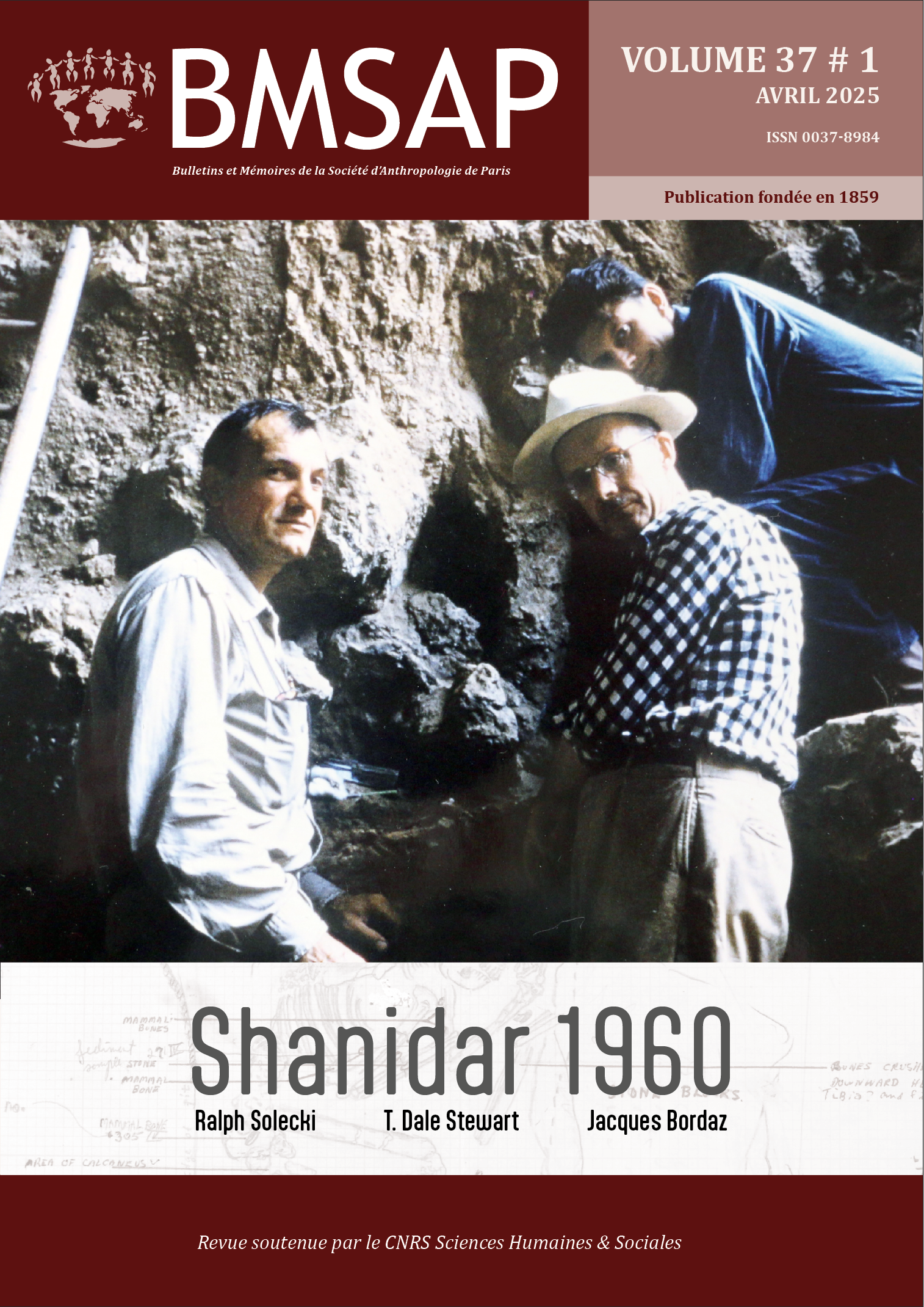 Cover of the second part of BMSAP volume 36, published in October 2024. The illustration is a network diagram linking silhouettes of men and women, as well as various tools and objects related to biological anthropology (DNA molecule, bone, brush, sample tube, human skull). It stylistically represents the connections between the Société d'Anthropologie de Paris (SAP) in red and the Groupement des Anthropologues de Langue Française (in blue), whose logos appear at bottom right (illustration by Laura Maréchal). The top of the page features the full name and acronym of the journal, with the SAP logo (left), as well as infomraitons on the volume. The footer reads “Revue soutenue par l'Institut des sciences humaines et sociales (InSHS) du CNRS, 2023-2024”.